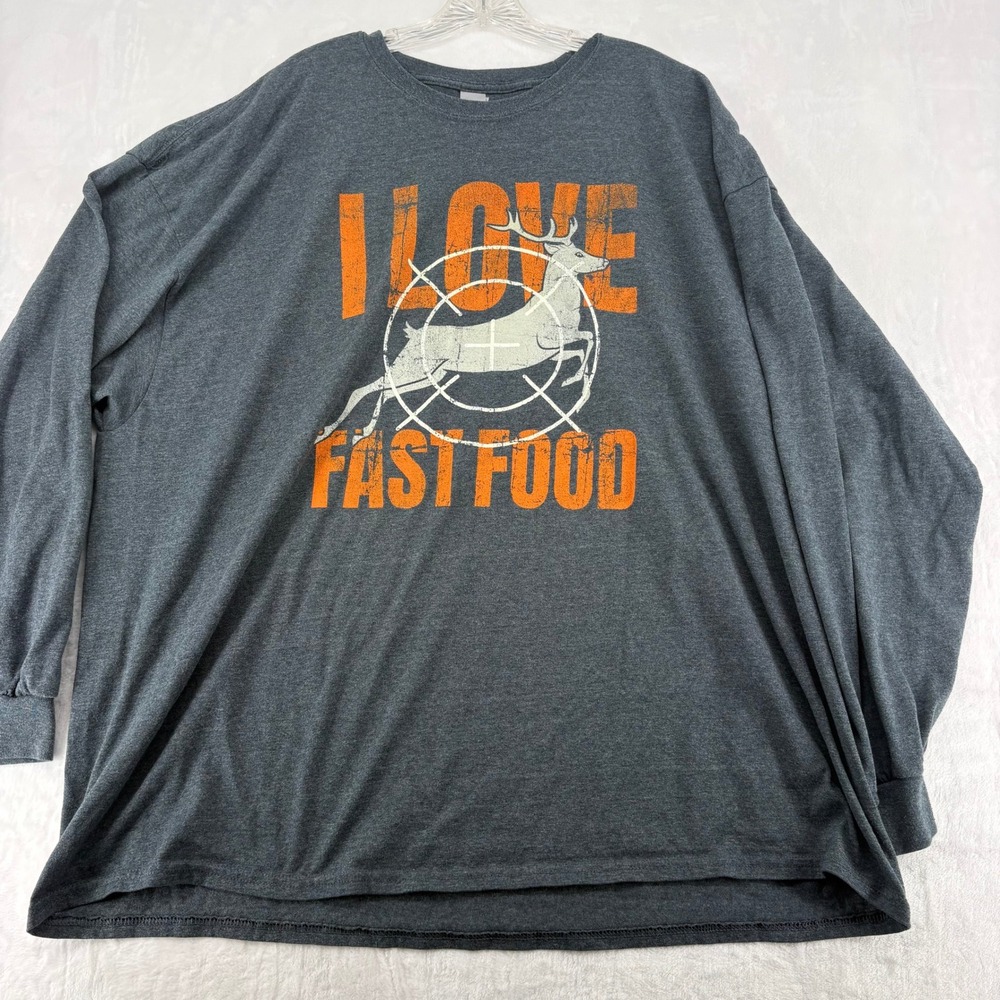 Gildan T-Shirt Mens 4XL Long Sleeve Gray I Love‎ Fast Food Deer Hunting Graphic